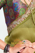 Olive Green Soft Silk Embroidered Saree with Designer Multicolor Blouse