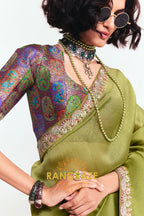 Olive Green Soft Silk Embroidered Saree with Designer Multicolor Blouse