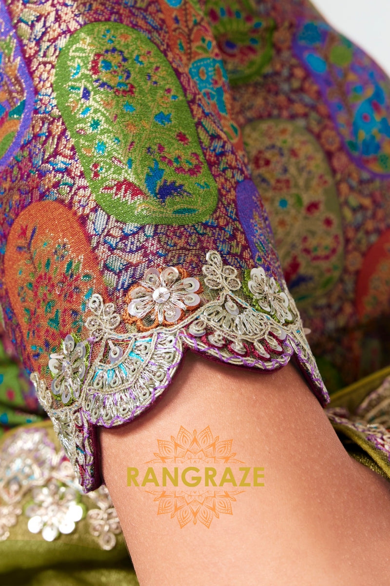 Olive Green Soft Silk Embroidered Saree with Designer Multicolor Blouse