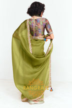 Olive Green Soft Silk Embroidered Saree with Designer Multicolor Blouse