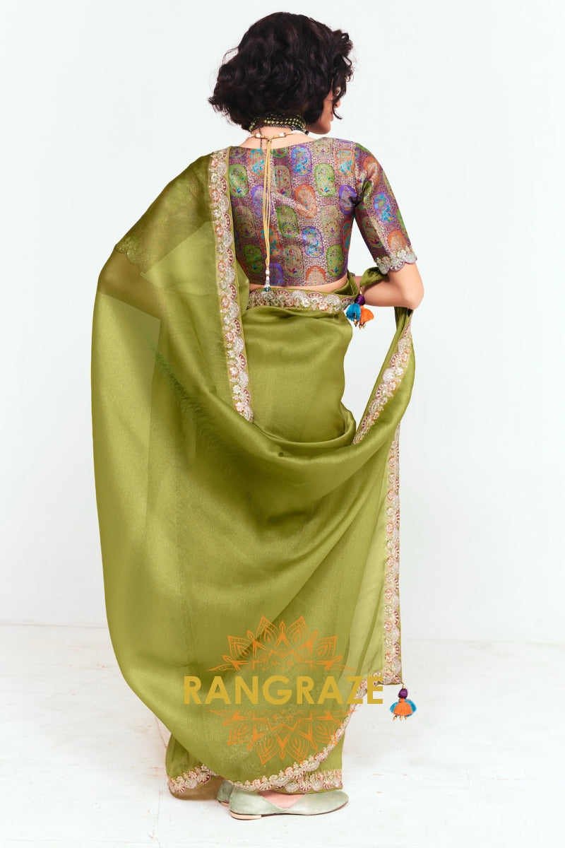 Olive Green Soft Silk Embroidered Saree with Designer Multicolor Blouse