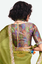 Olive Green Soft Silk Embroidered Saree with Designer Multicolor Blouse