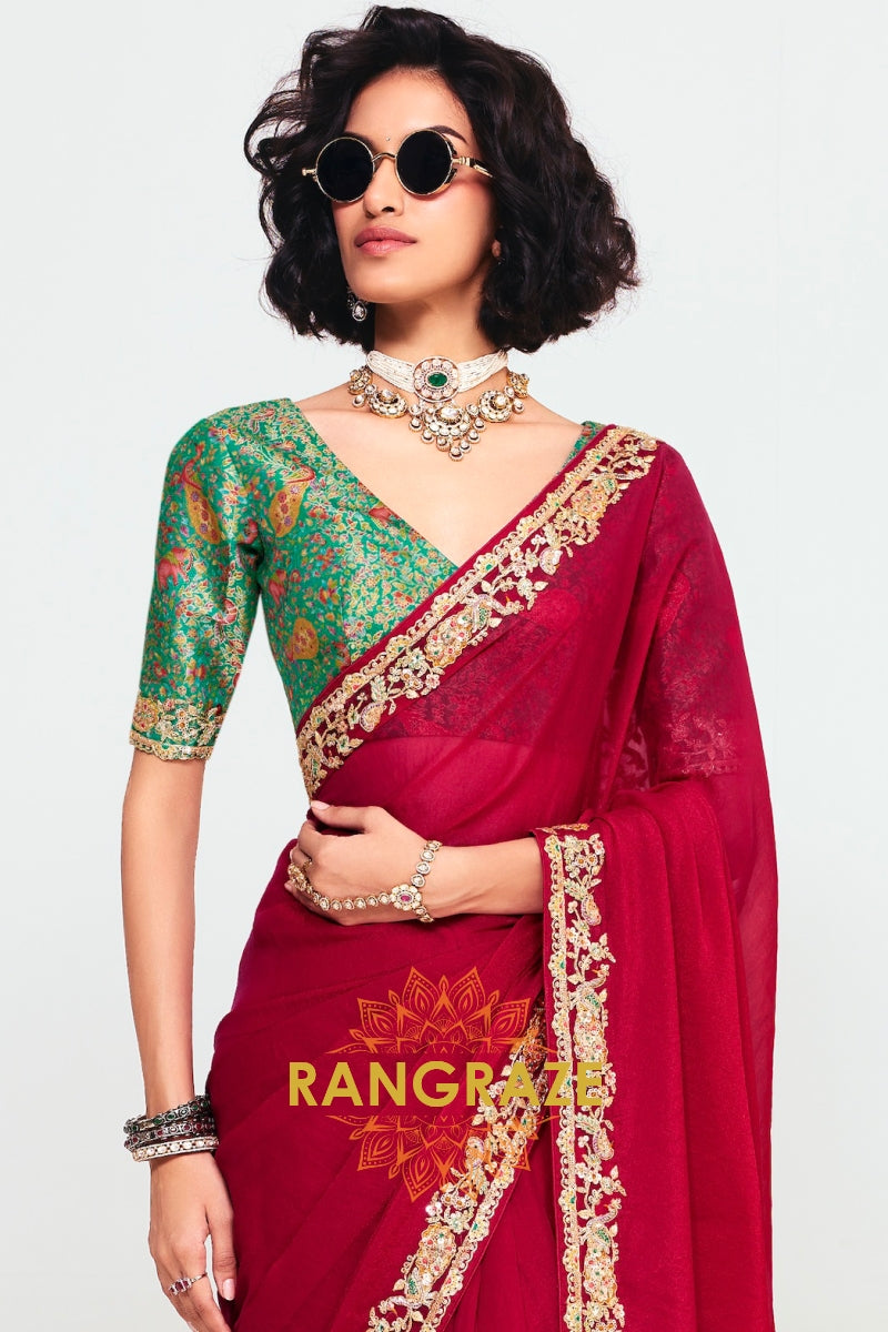 Red Soft Silk Embroidered Saree with Contrast Blouse