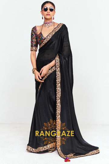 Black Soft Silk Embroidered Saree with Designer Multicolor Blouse