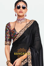 Black Soft Silk Embroidered Saree with Designer Multicolor Blouse