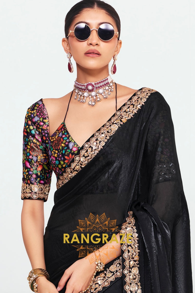 Black Soft Silk Embroidered Saree with Designer Multicolor Blouse