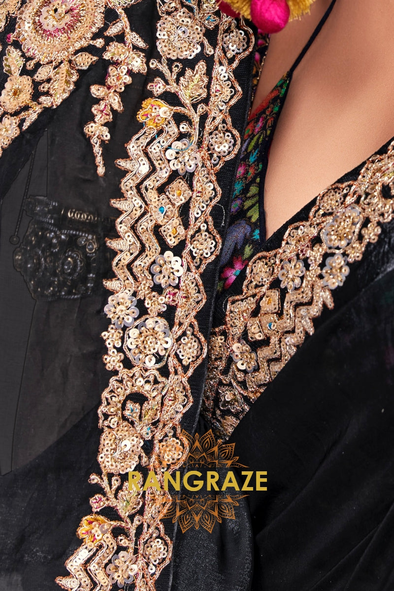 Black Soft Silk Embroidered Saree with Designer Multicolor Blouse