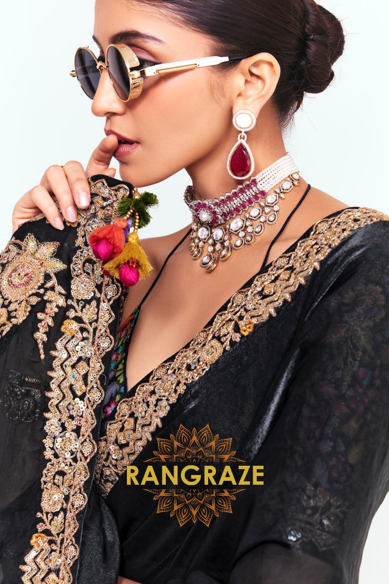 Black Soft Silk Embroidered Saree with Designer Multicolor Blouse