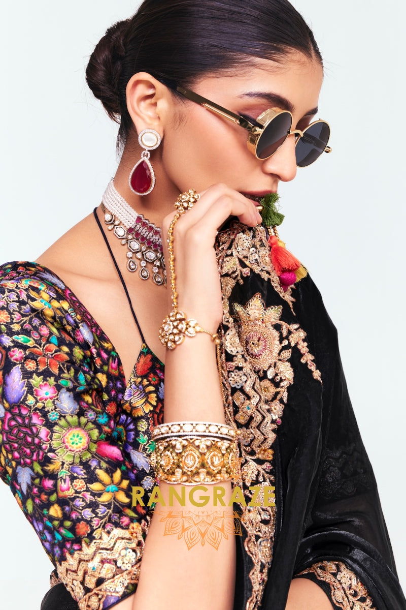 Black Soft Silk Embroidered Saree with Designer Multicolor Blouse
