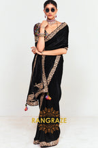 Black Soft Silk Embroidered Saree with Designer Multicolor Blouse
