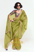 Olive Green Soft Silk Embroidered Saree with Designer Multicolor Blouse