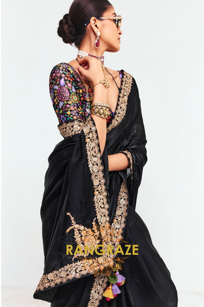 Black Soft Silk Embroidered Saree with Designer Multicolor Blouse