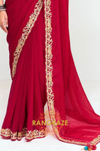 Red Soft Silk Embroidered Saree with Contrast Blouse