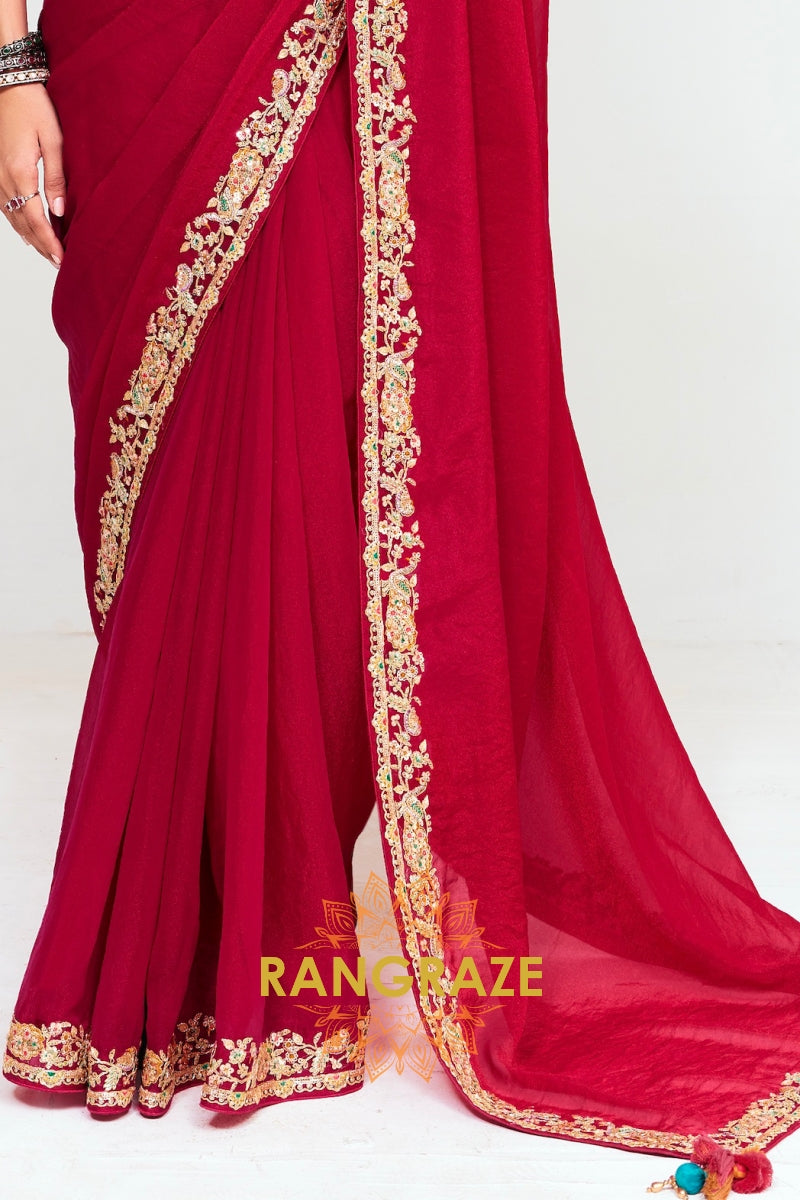 Red Soft Silk Embroidered Saree with Contrast Blouse