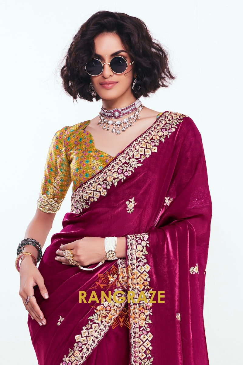 Magenta Soft Silk Embroidered Saree with Designer Blouse