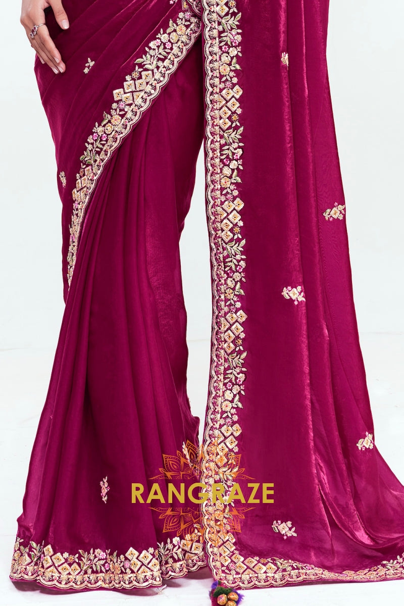 Magenta Soft Silk Embroidered Saree with Designer Blouse