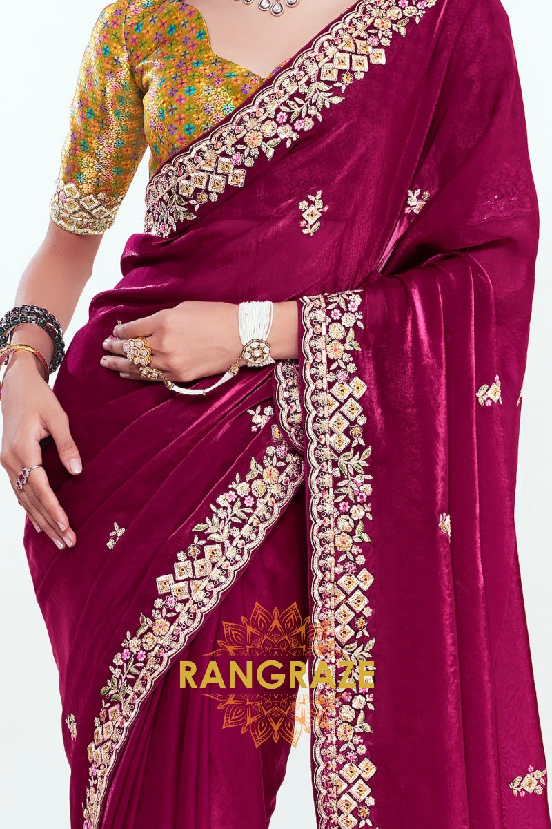 Magenta Soft Silk Embroidered Saree with Designer Blouse