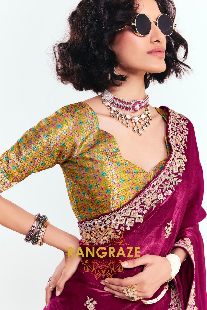 Magenta Soft Silk Embroidered Saree with Designer Blouse