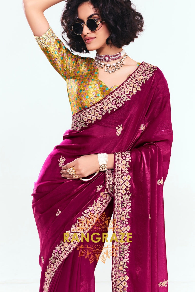 Magenta Soft Silk Embroidered Saree with Designer Blouse