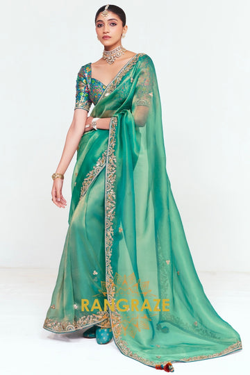 Emerald Green Soft Silk Embroidered Saree with Designer Blouse
