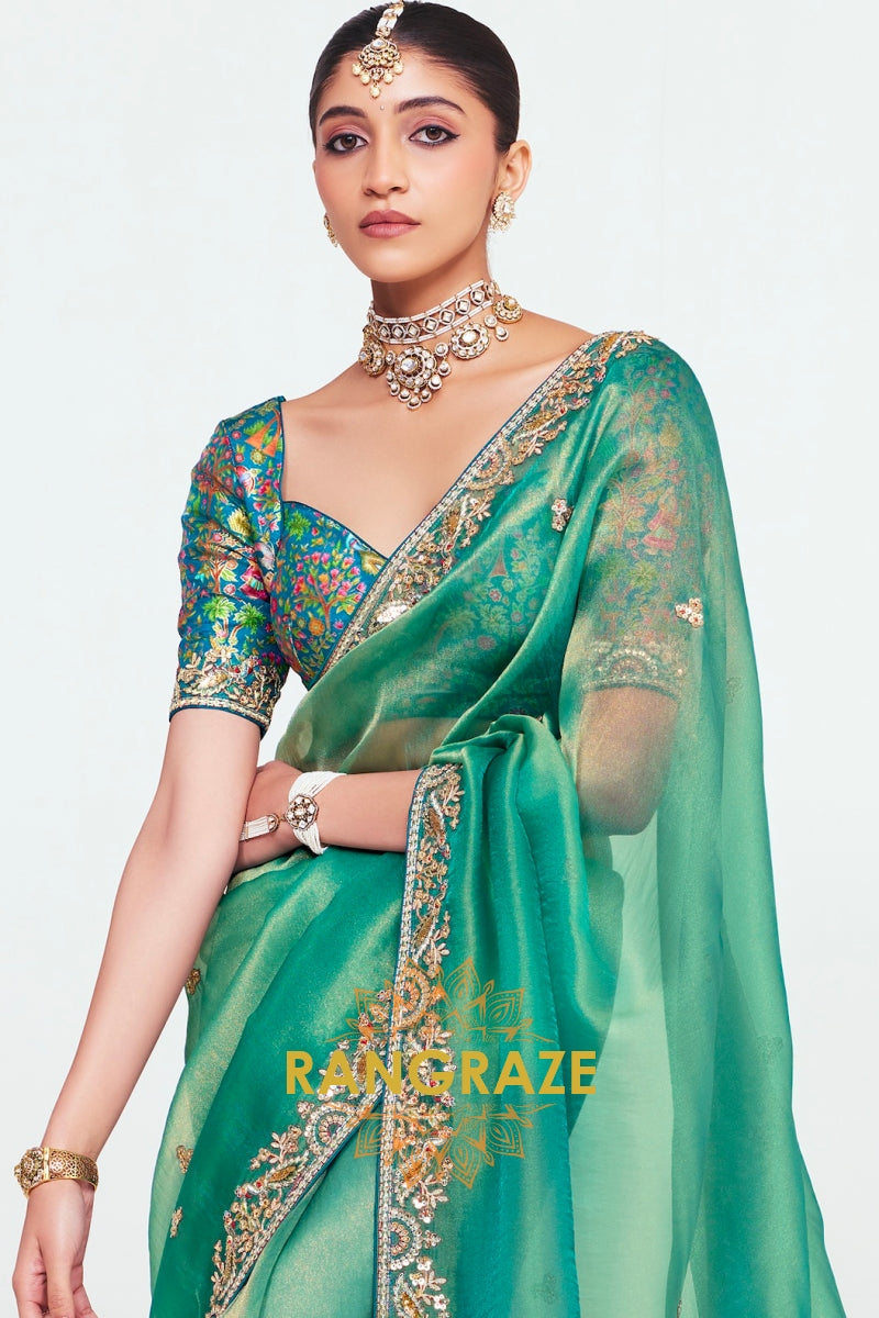 Emerald Green Soft Silk Embroidered Saree with Designer Blouse