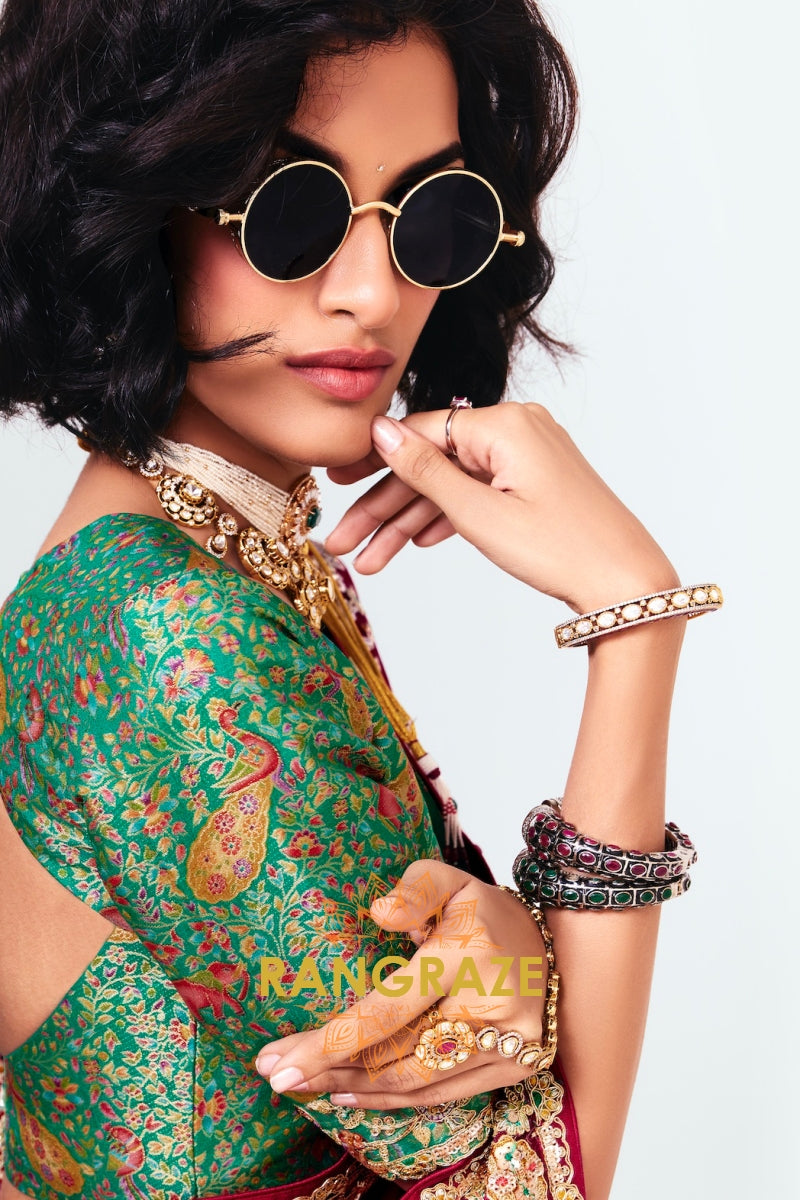 Red Soft Silk Embroidered Saree with Contrast Blouse