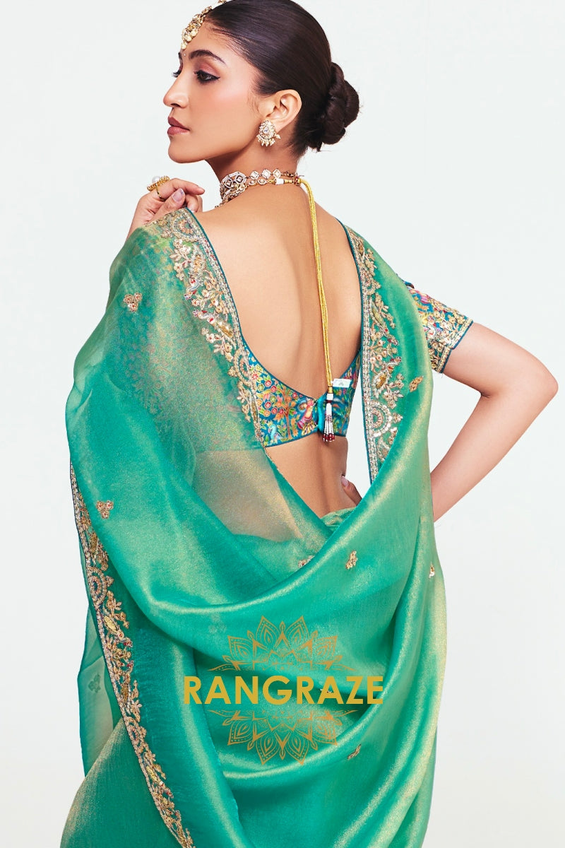 Emerald Green Soft Silk Embroidered Saree with Designer Blouse