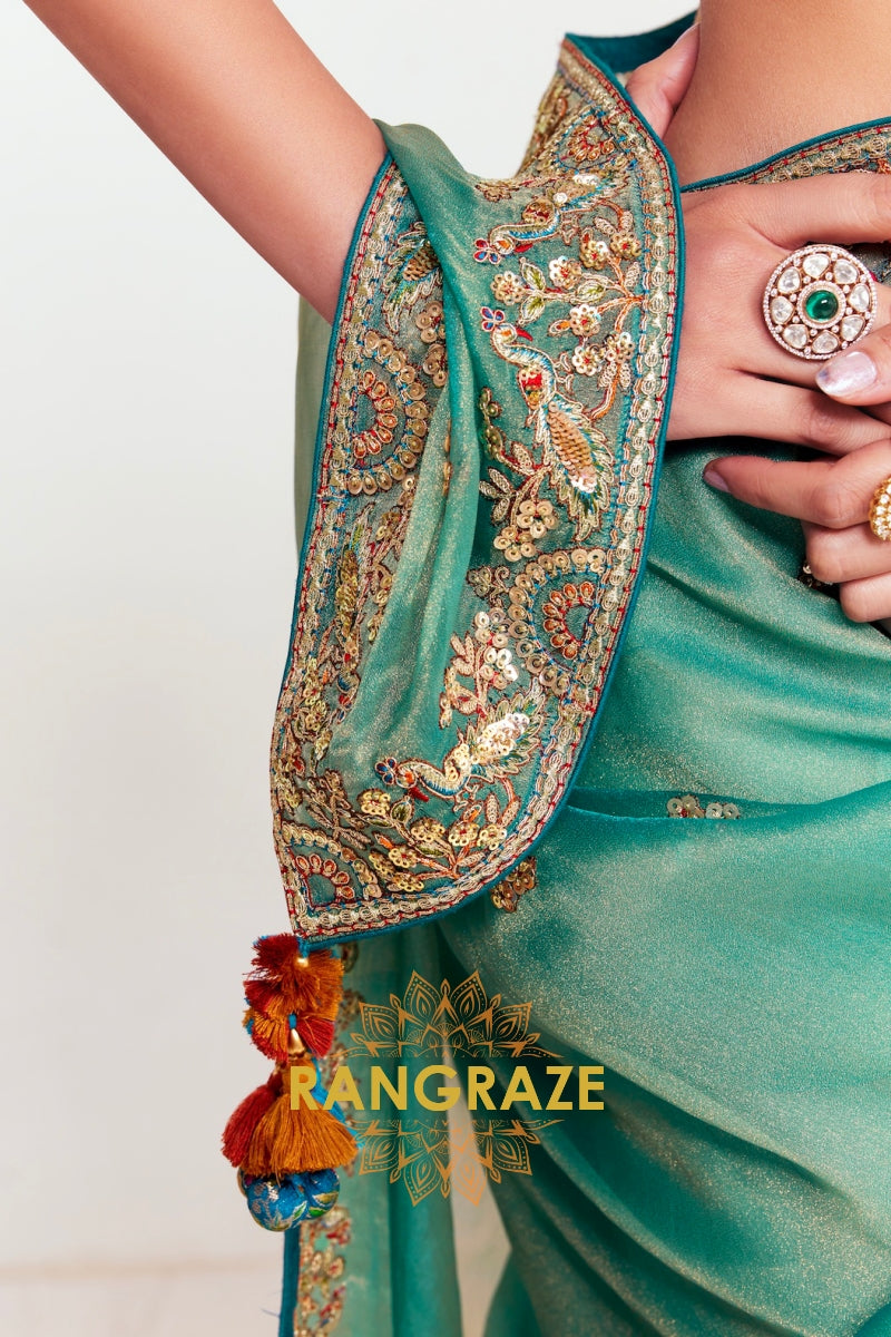 Emerald Green Soft Silk Embroidered Saree with Designer Blouse