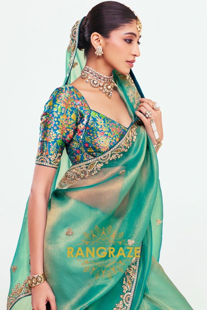 Emerald Green Soft Silk Embroidered Saree with Designer Blouse