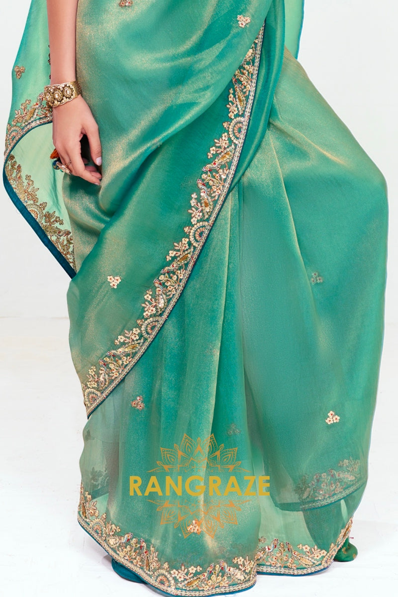 Emerald Green Soft Silk Embroidered Saree with Designer Blouse