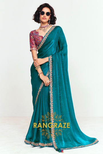 Teal Green Soft Silk Embroidered Saree with Designer Blouse