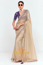 Beige Soft Silk Embroidered Saree with Royal Blue Blouse