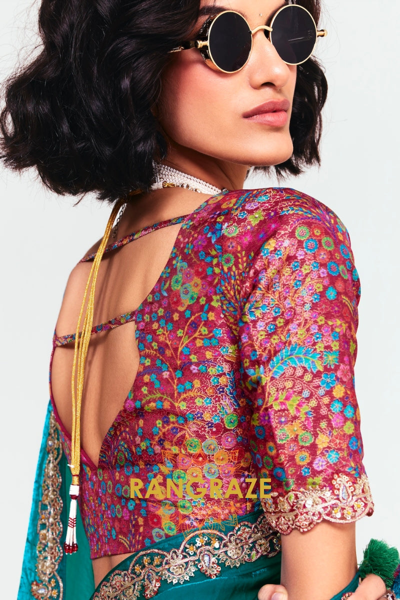 Teal Green Soft Silk Embroidered Saree with Designer Blouse