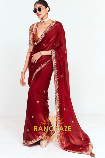 Deep Red Soft Silk Embroidered Saree with Designer Blouse