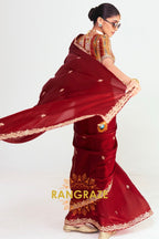 Deep Red Soft Silk Embroidered Saree with Designer Blouse