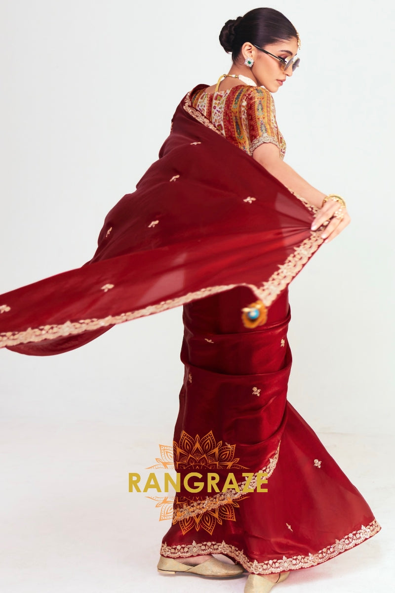 Deep Red Soft Silk Embroidered Saree with Designer Blouse