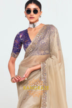 Beige Soft Silk Embroidered Saree with Royal Blue Blouse