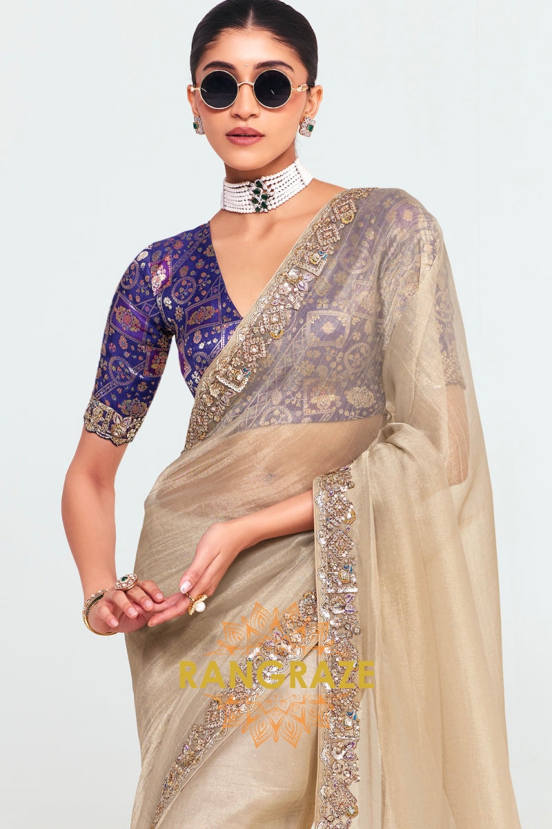 Beige Soft Silk Embroidered Saree with Royal Blue Blouse