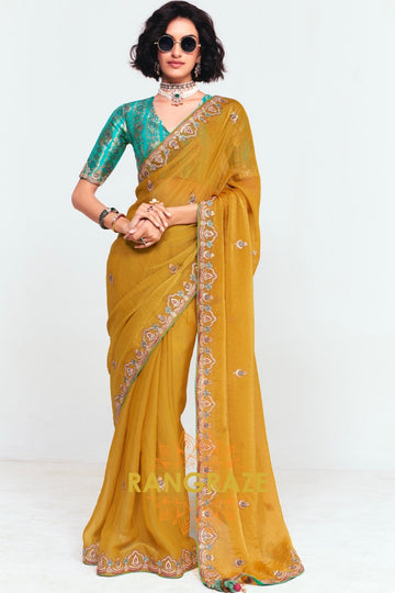 Mustard Yellow Soft Silk Embroidered Saree with Designer Blouse