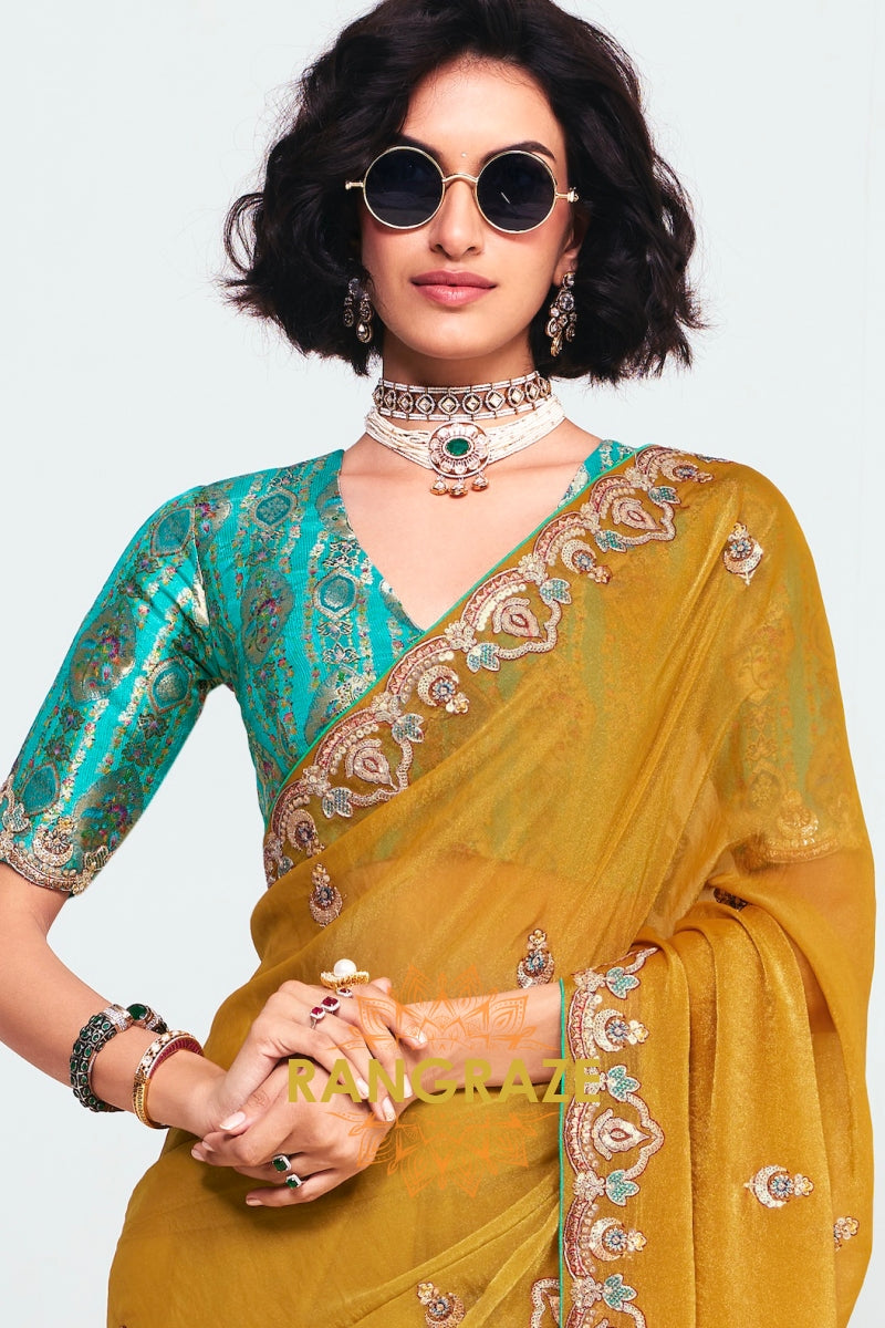 Mustard Yellow Soft Silk Embroidered Saree with Designer Blouse