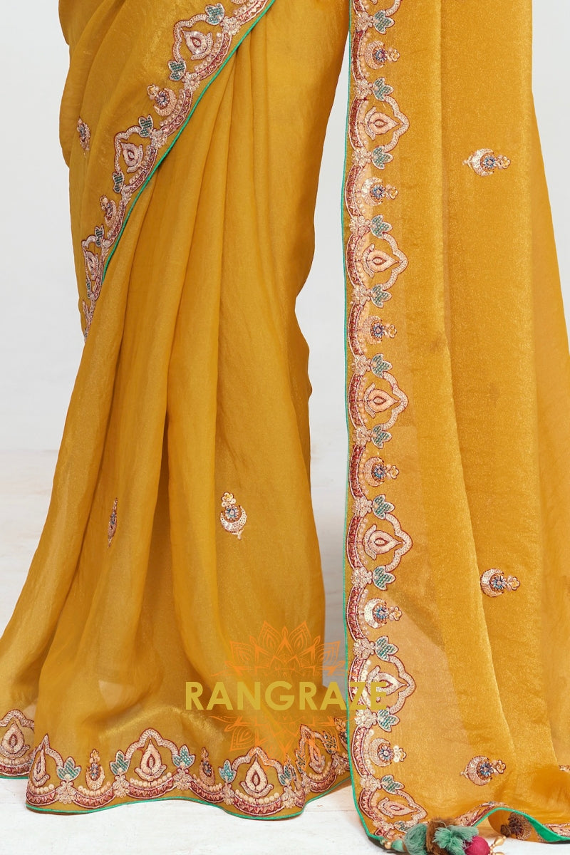 Mustard Yellow Soft Silk Embroidered Saree with Designer Blouse
