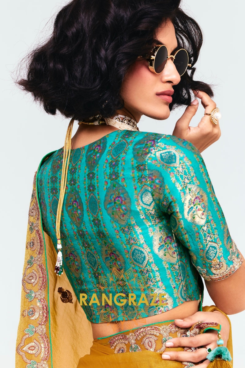 Mustard Yellow Soft Silk Embroidered Saree with Designer Blouse