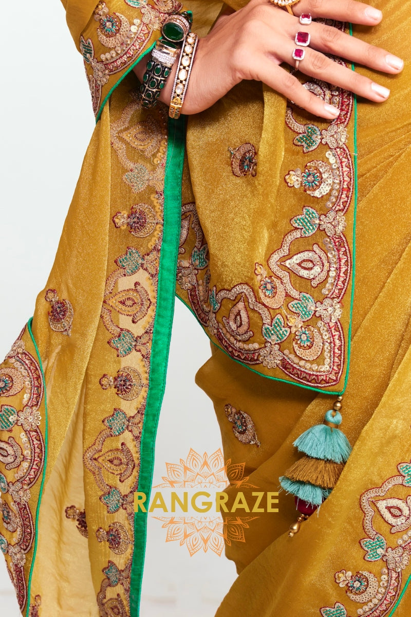 Mustard Yellow Soft Silk Embroidered Saree with Designer Blouse