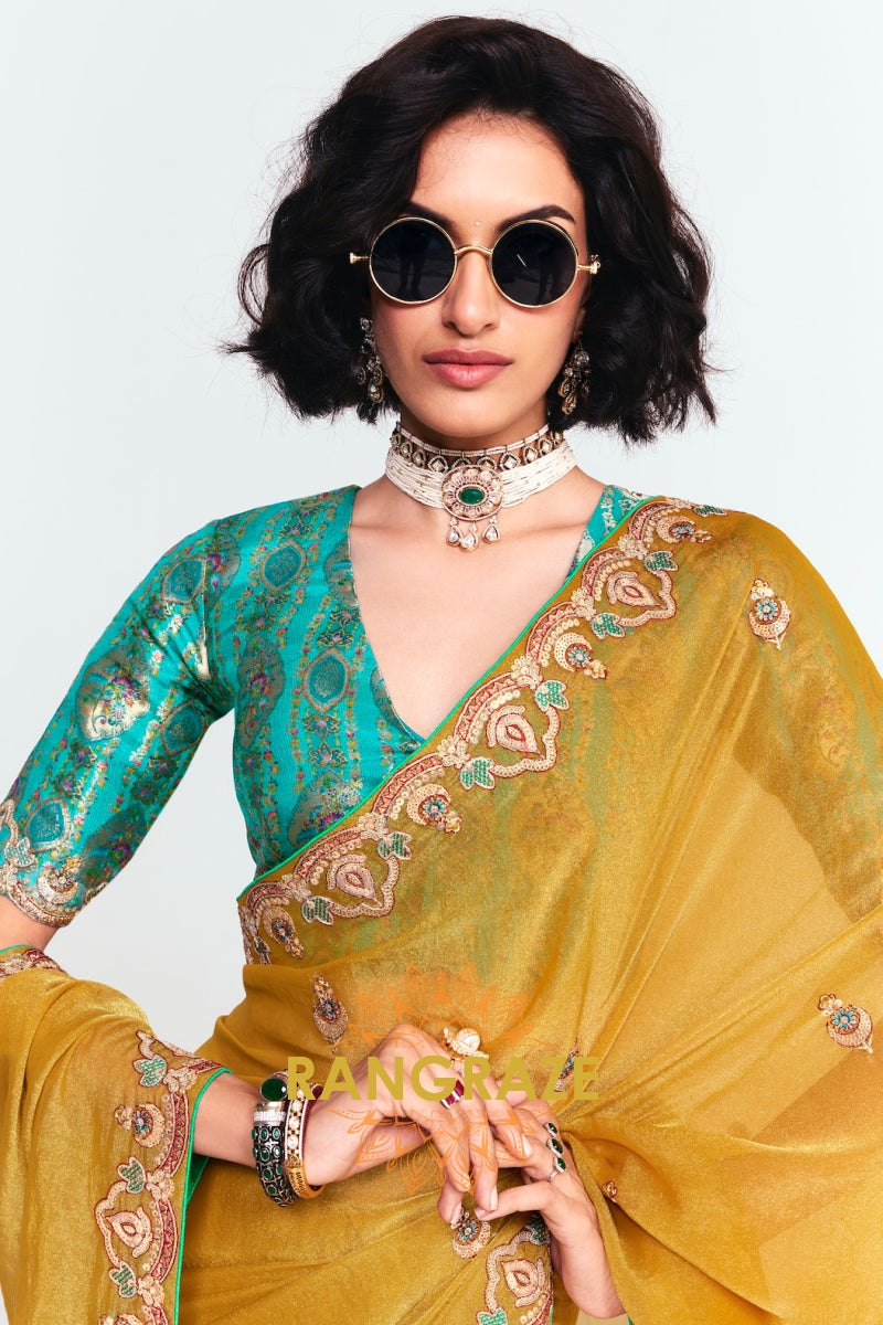 Mustard Yellow Soft Silk Embroidered Saree with Designer Blouse