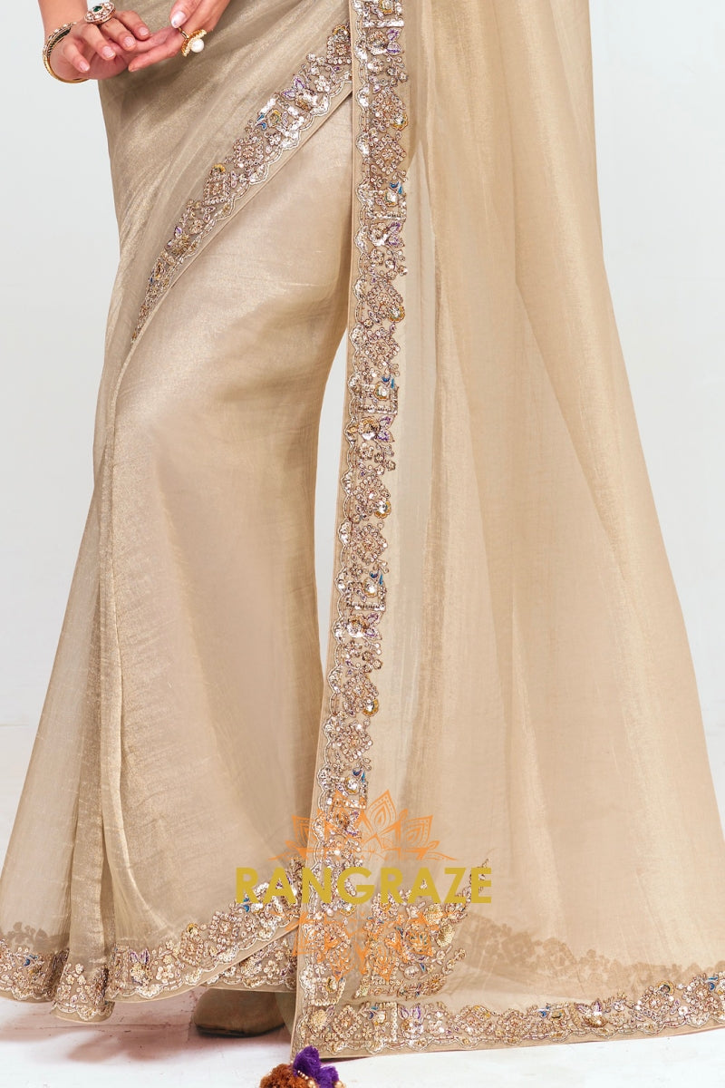 Beige Soft Silk Embroidered Saree with Royal Blue Blouse