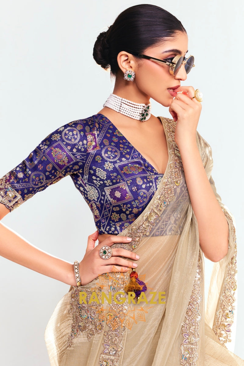 Beige Soft Silk Embroidered Saree with Royal Blue Blouse