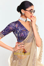 Beige Soft Silk Embroidered Saree with Royal Blue Blouse