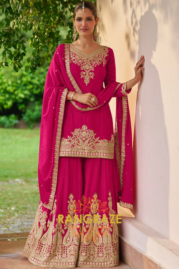 Magenta & Gold Embroidered Premium chinon Sharara Suit Set