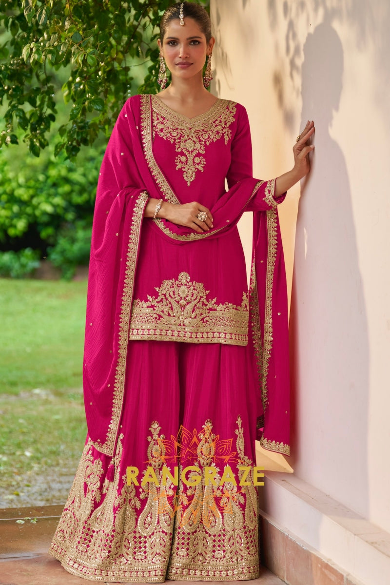 Magenta & Gold Embroidered Premium chinon Sharara Suit Set