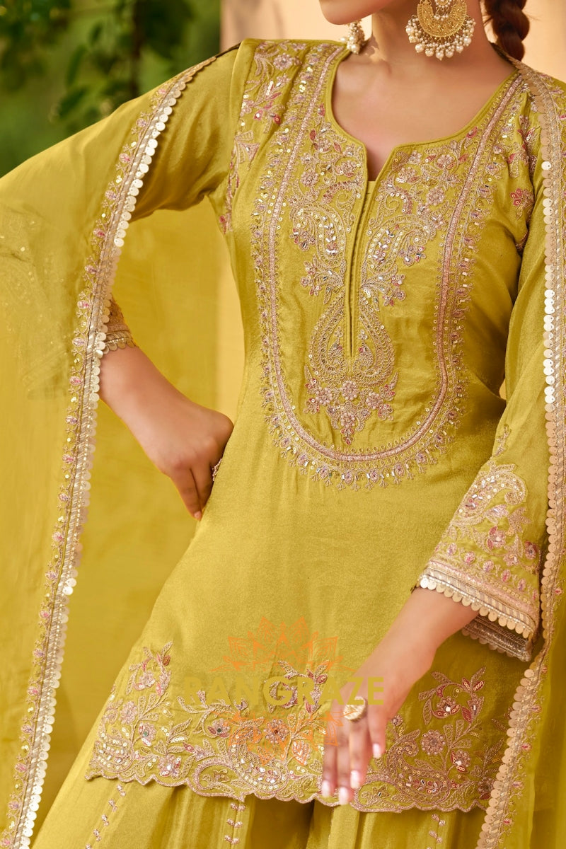 Pistachio Green Embroidered Premium chinon Sharara Suit Set